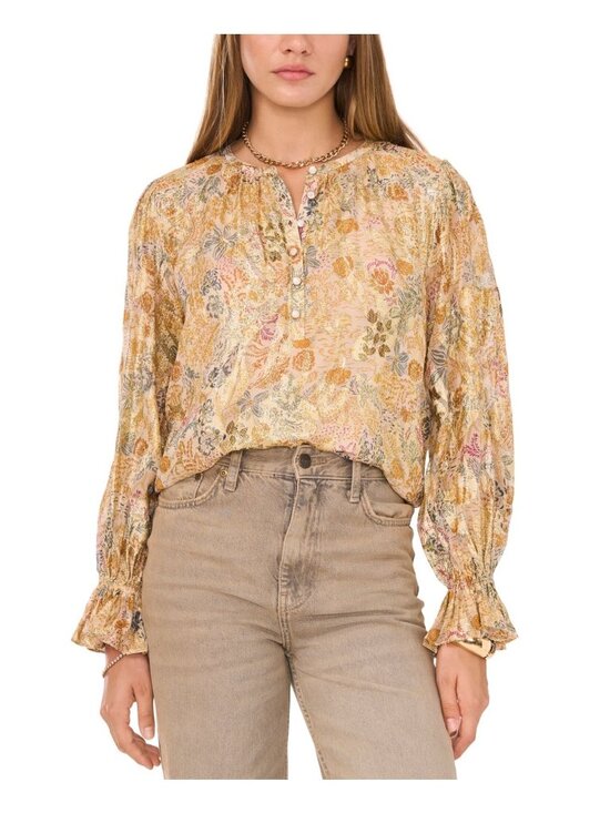 1. State Tops - 1.STATE Women's Printed Button-Front Long Sleeve Blouse Spice Beige Size S $89
